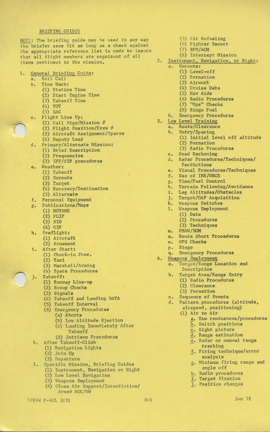57th Fighter Weapons Wing F-4 Course Briefing Guide, Page E-1, June 1972
