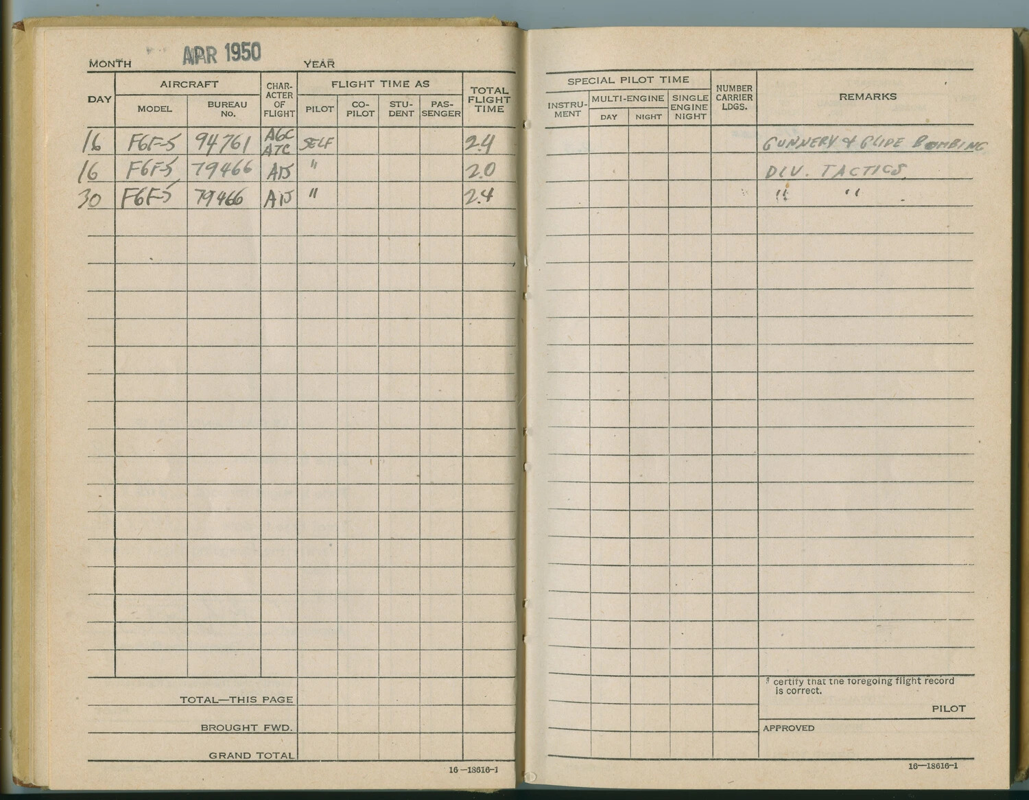 U.S. Navy Pilot Flight Logbook Page, April 1950 - F6F-5 Hellcat Training Flights