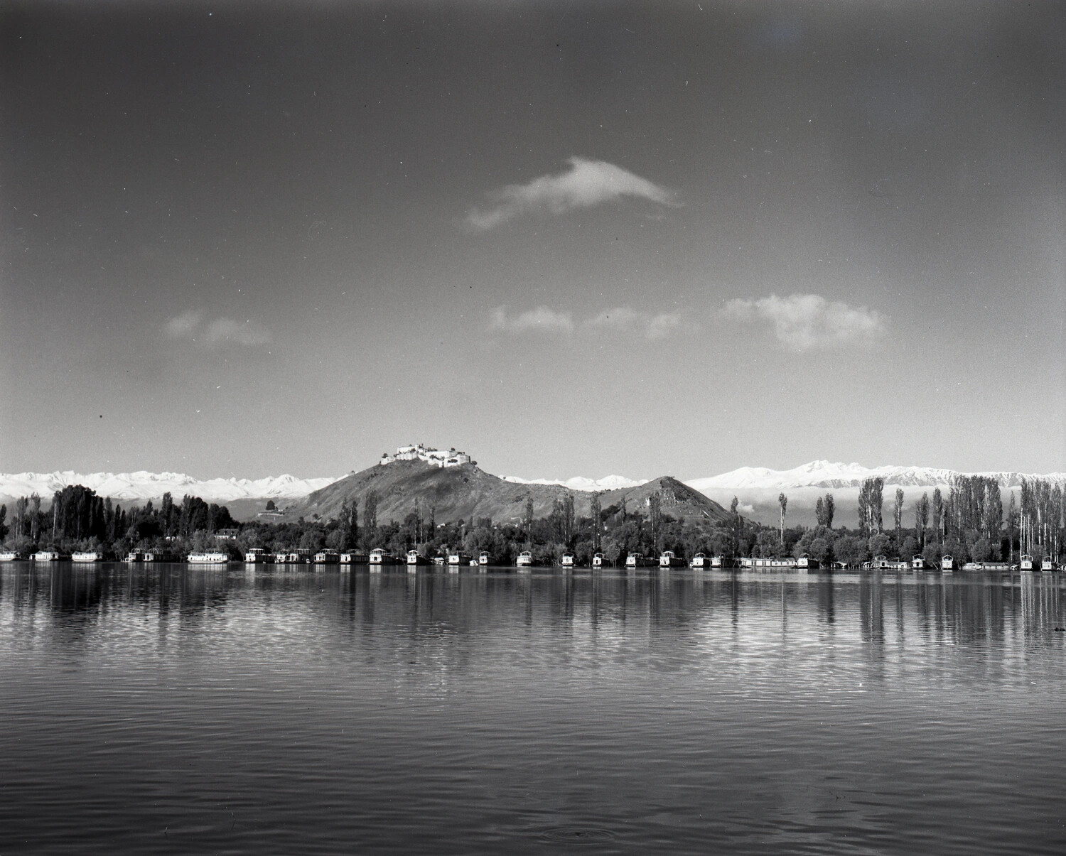 Lake and Fortified Hilltop with Houseboats, Likely Srinagar, Kashmir, India, 1944-45