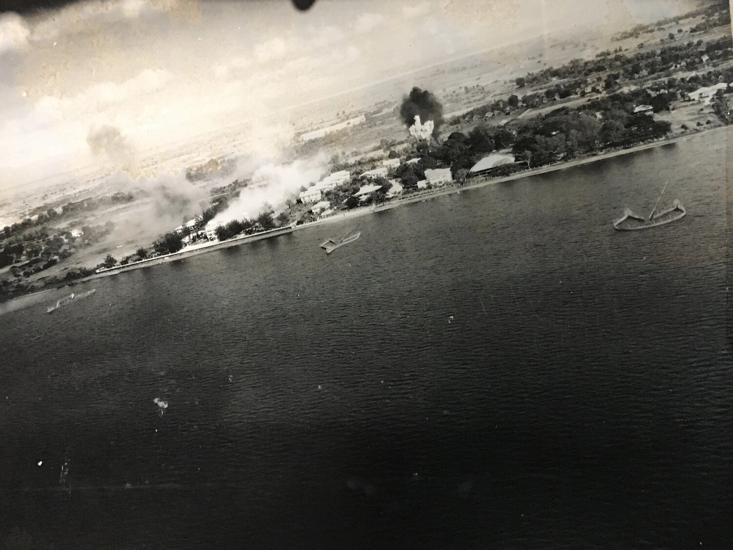 Aerial Strike Photograph of Waterfront Town Under Attack, Philippines - 312th Bomb Group