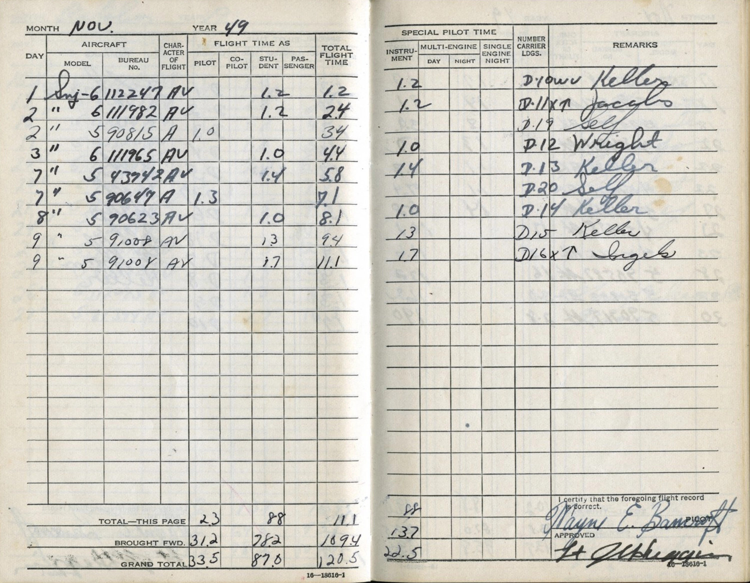 Flight Logbook Pages, Lt. Wayne E. Bancroft, November 1949 -- SNJ Trainer Flight Records