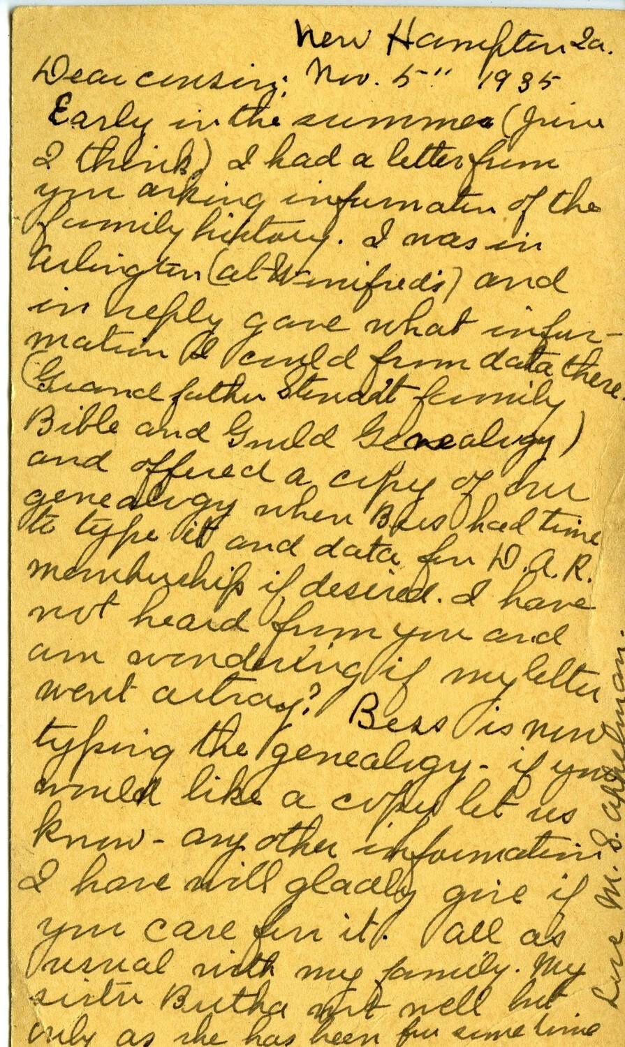 Handwritten Family Letter Regarding Genealogy Research, New Hampton, Iowa, November 5, 1935