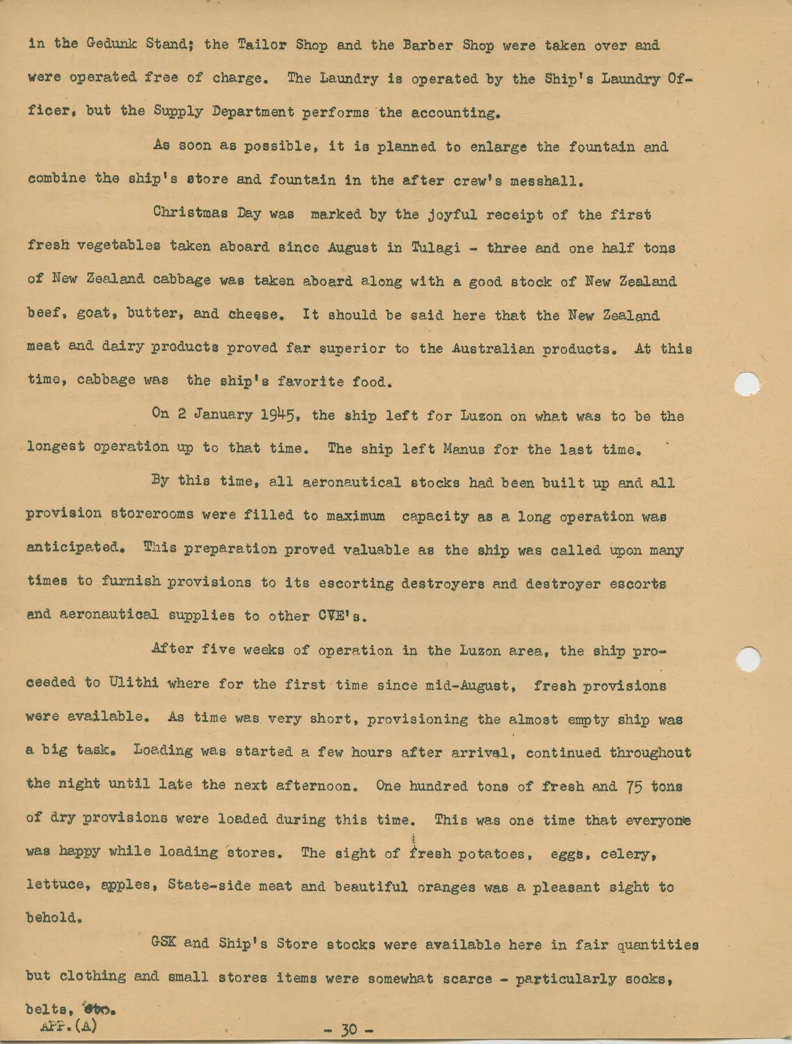 USS Petrof Bay (CVE-80) War History Narrative, Appendix A, Page 30 - Provisioning and the Luzon Campaign