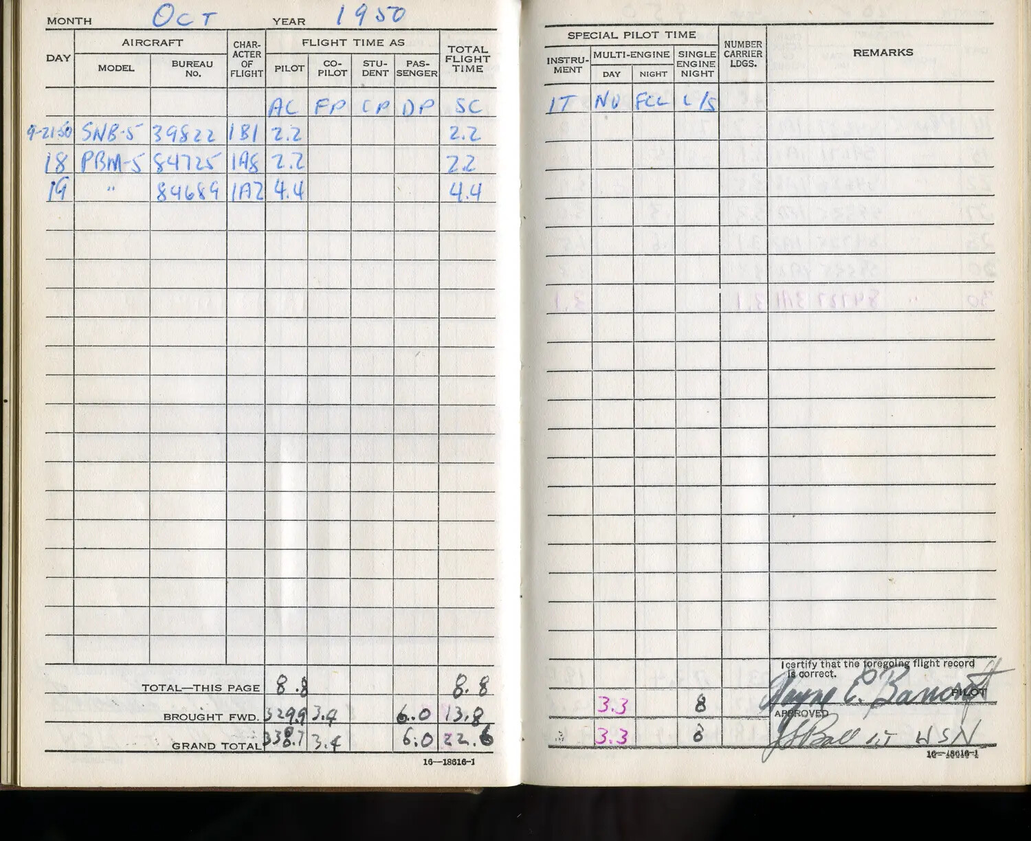 U.S. Navy Pilot Logbook Page - October 1950, Lt. Bancroft