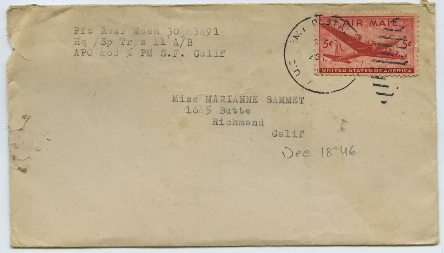 Air Mail Envelope from Pfc Ross Moon, 11th Airborne Division, to Marianne Sammet, December 1946
