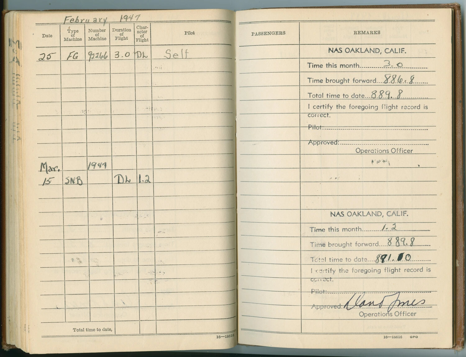 Pilot's Flight Log Book, February-March 1947, NAS Oakland, California