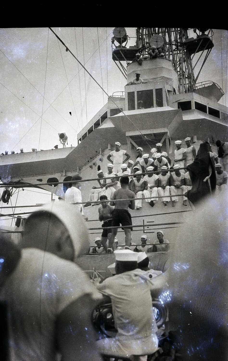 Sailors Watch a Shipboard Boxing Match Aboard a U.S. Navy Vessel, China Station, Pre-WWII