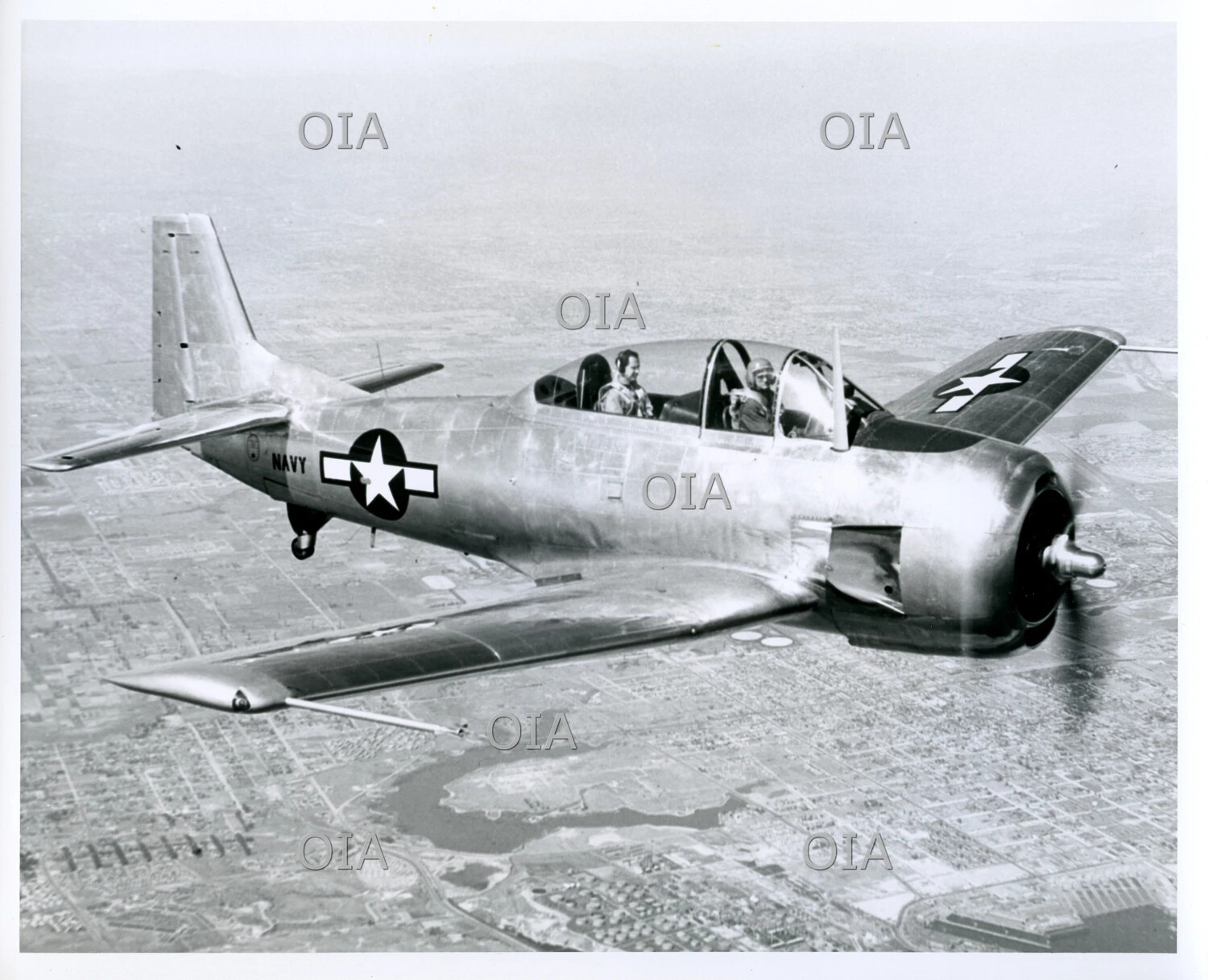 US Navy North American T-28 Trojan Trainer Aircraft in Flight with Two Aviators Aboard