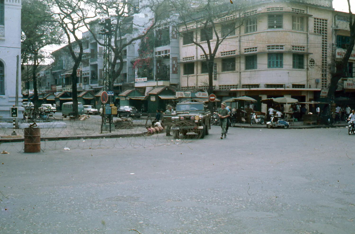 U.S. Military Jeep and Soldiers at a Barricaded Saigon Intersection, Tet Offensive, 1968
