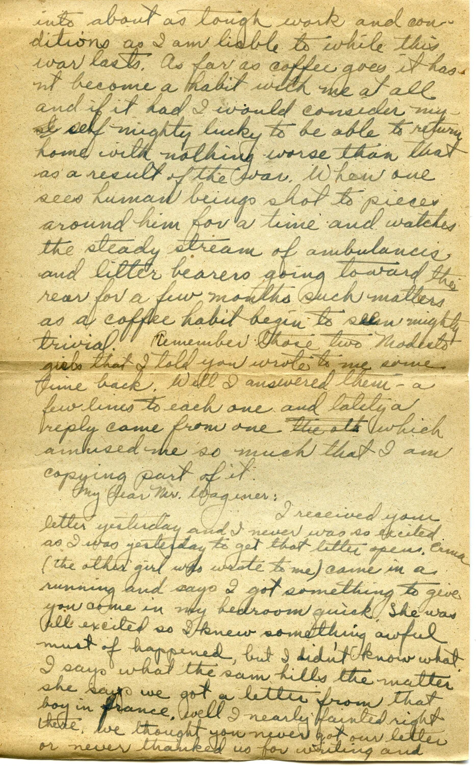 Handwritten WWI Letter Page by Pvt. Willis W. Wagener Describing Frontline Conditions and a Pen-Pal Correspondence