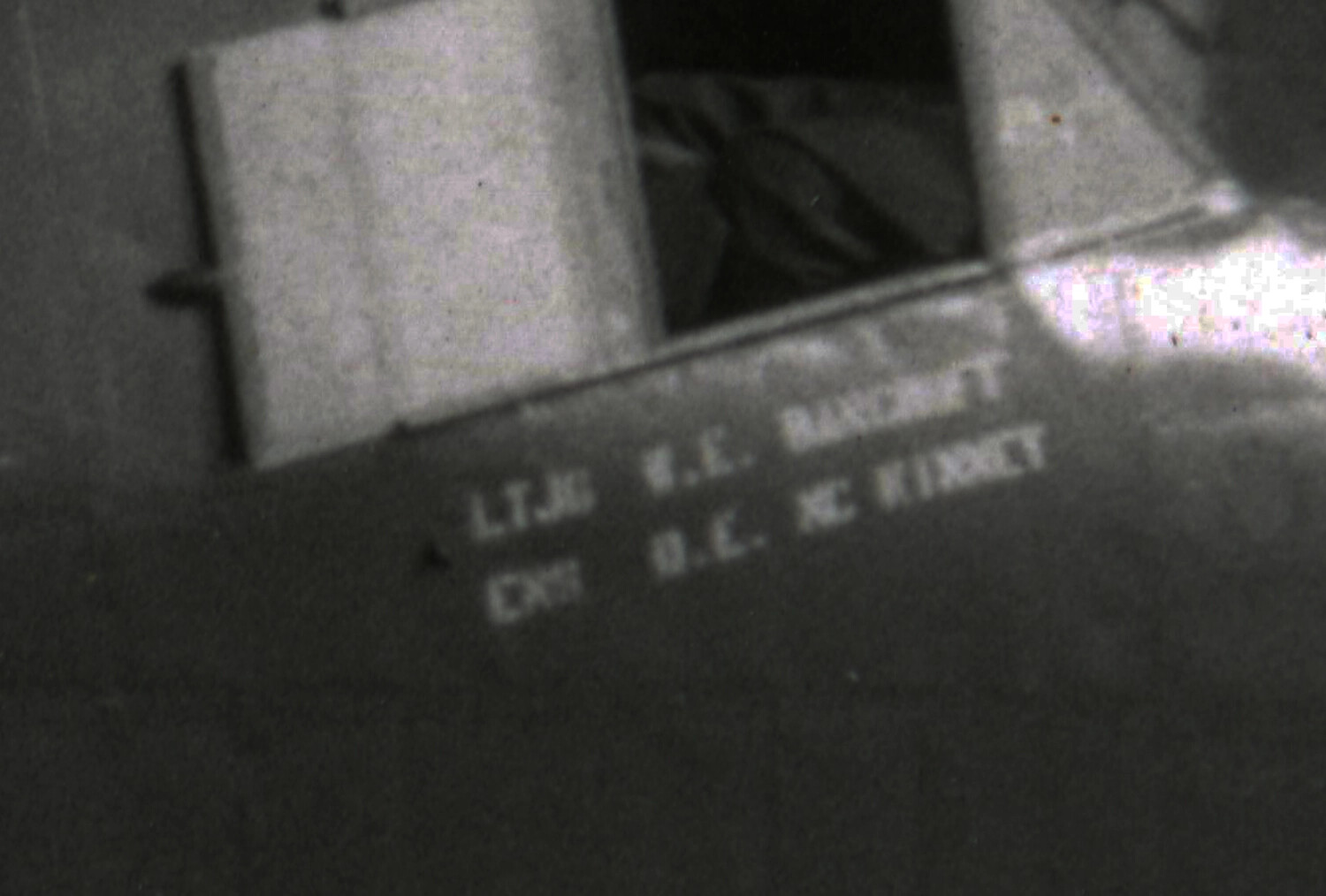 Close-up of Stenciled Crew Names, LTJG W.C. Bancroft and Crewmate, U.S. Navy Aircraft, Korean War Era