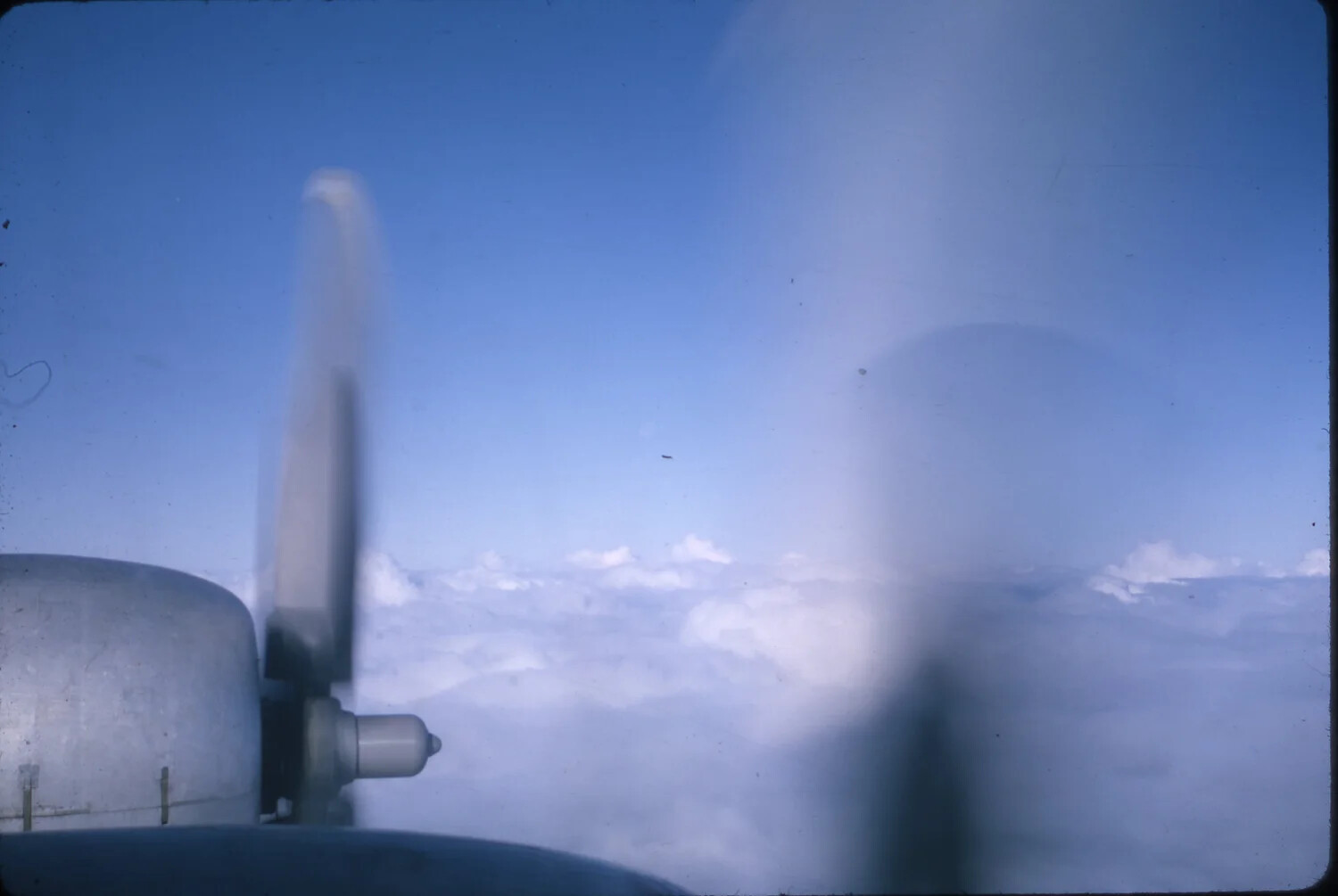 Engine Nacelle and Propeller in Flight Above Cloud Deck, Vietnam War-Era Tanker Aircraft (Probable KB-50 Superfortress)