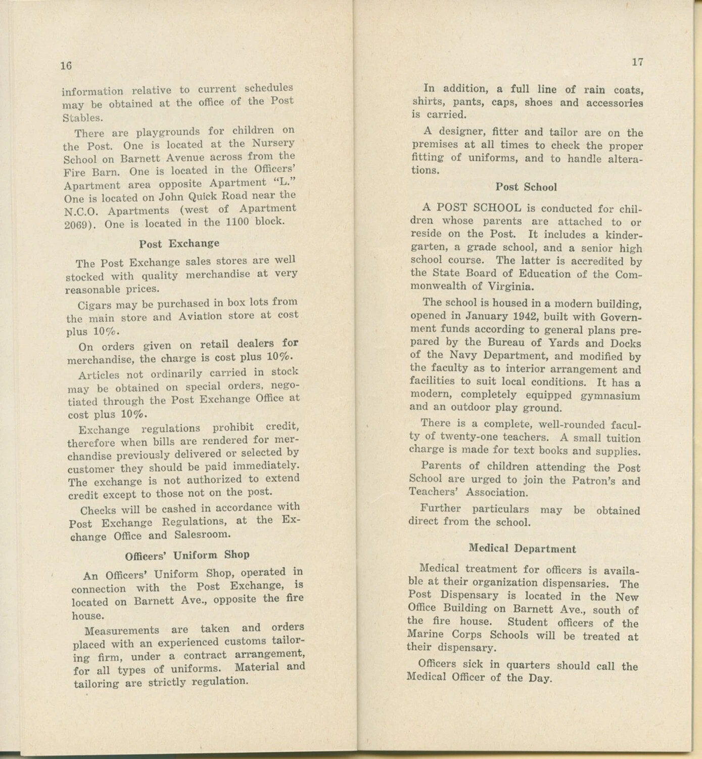 Pages 16-17, Marine Corps Post Welcome Booklet (likely Marine Corps Base Quantico, Virginia), circa early 1940s