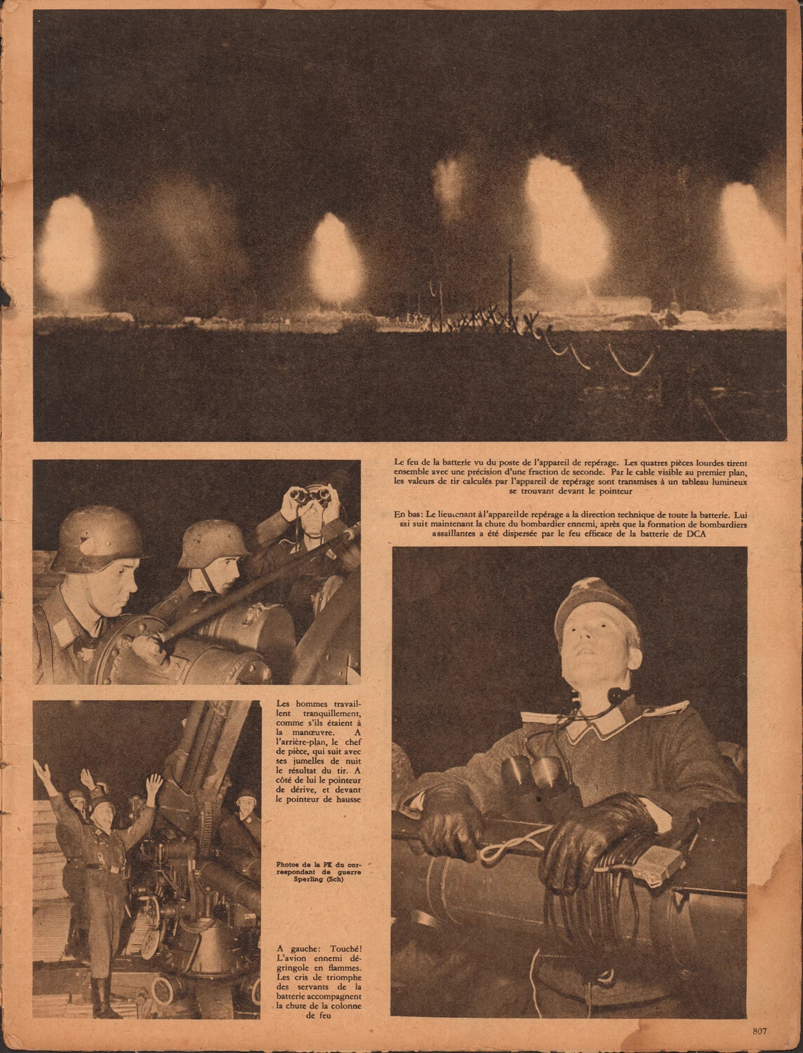 Der Adler Magazine Interior Spread, Page 807 - "De l'alerte a la descente": German Flak Battery Firing at Night and Celebrating a Downed Enemy Bomber, WWII
