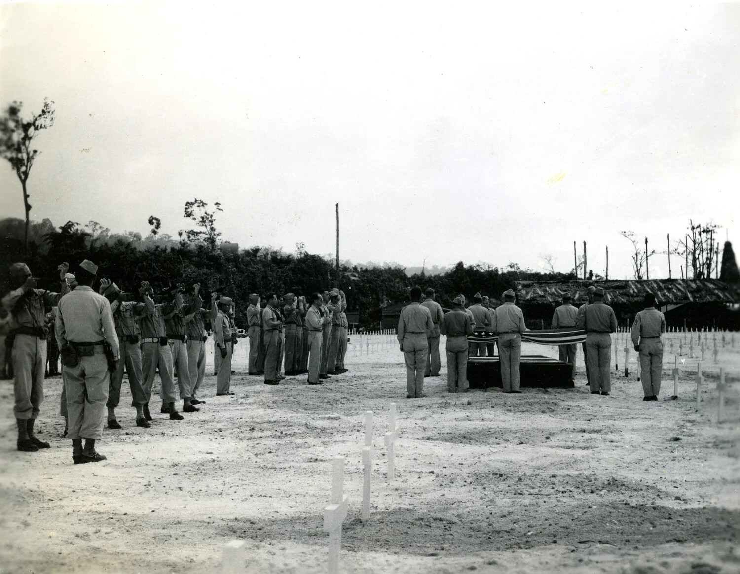 Military Funeral Service with Honor Guard and Flag-Draped Casket — Field Cemetery, Ie Shima/Okinawa, 1945