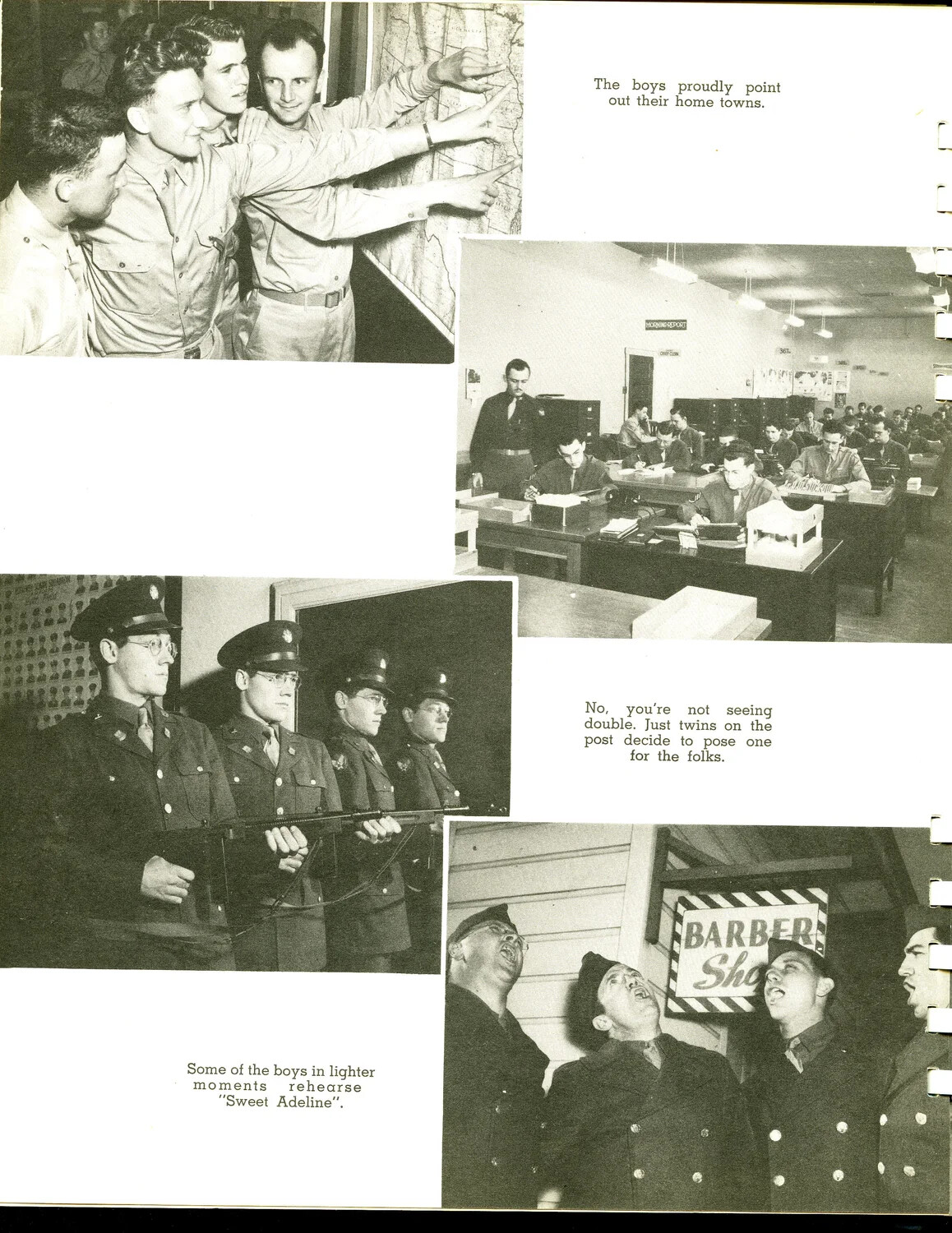 Base Life Montage: Hometown Map, Orderly Room, Twin Soldiers, and Barbershop Quartet at Scott Field