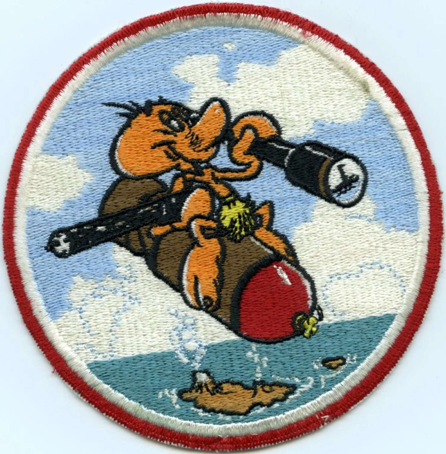Embroidered Squadron Insignia Patch — Cartoon Figure Riding Bomb Over Ocean, U.S. Navy, Korean War Era