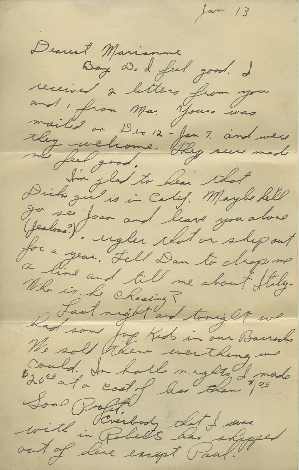 Handwritten Letter, "Dearest Marianne," January 13 (Moon Sammiet WWII/Postwar Letters Collection)