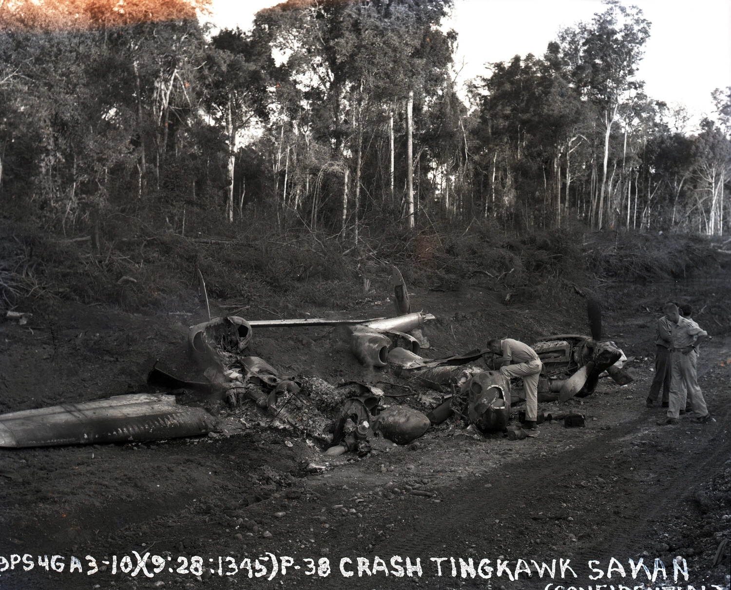 Wrecked P-38 Lightning at Tingkawk Sakan, Burma — WWII CBI Theater Crash Investigation Photograph
