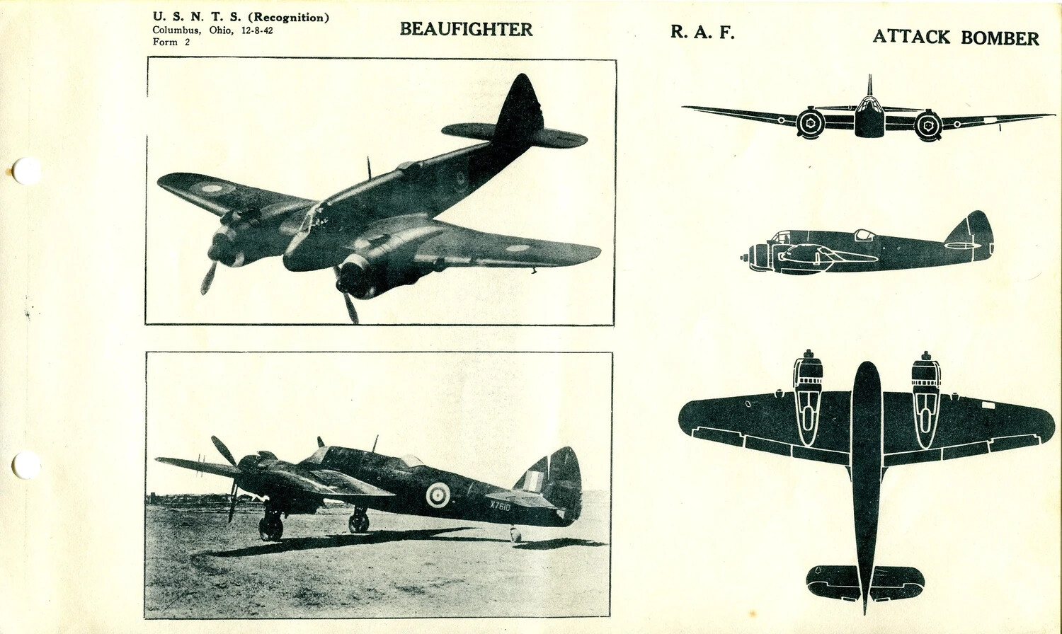 USNTS Aircraft Recognition Training Card: Bristol Beaufighter, R.A.F. Attack Bomber (Form 2, 12-8-42)
