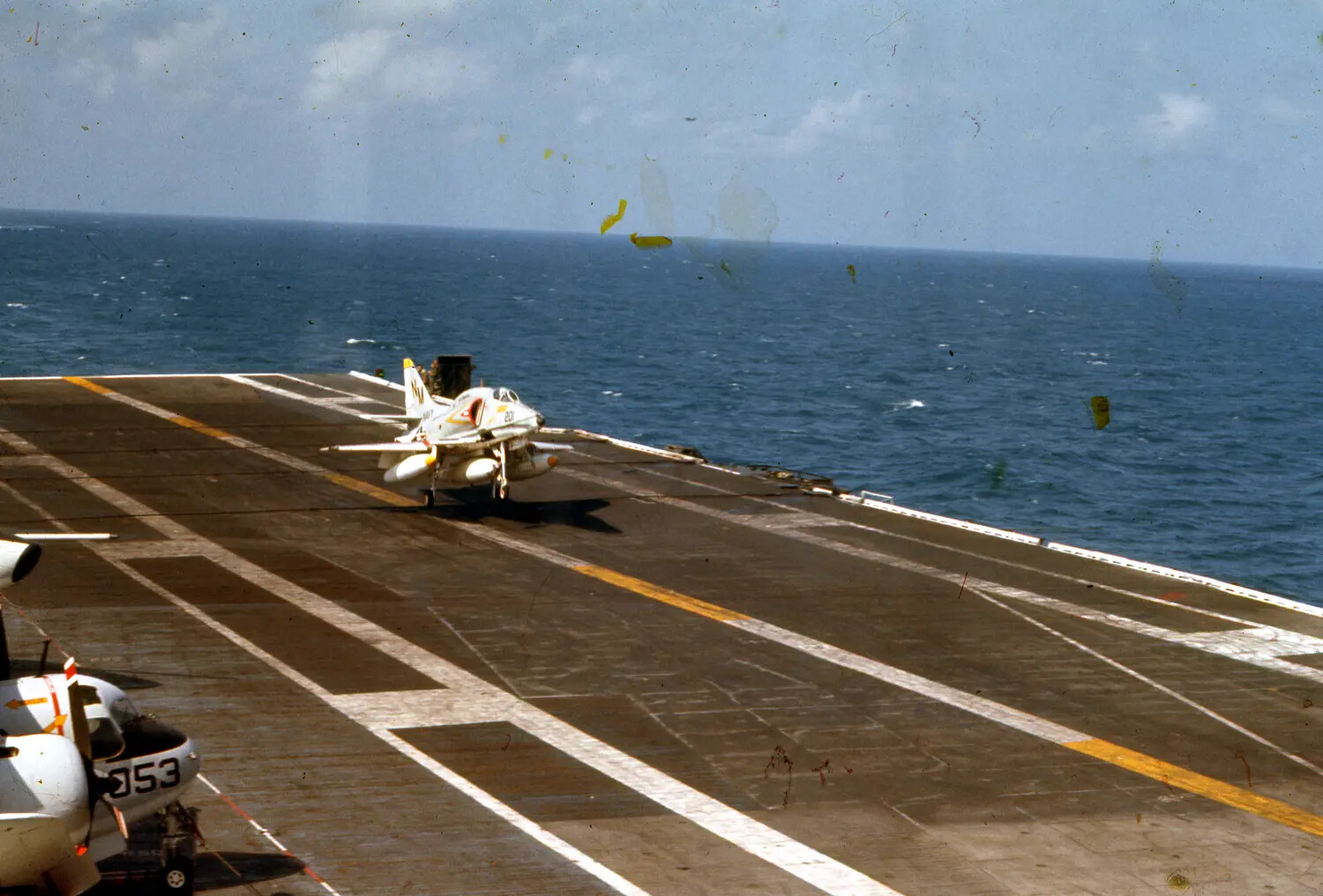 A-4 Skyhawk Taxiing on Flight Deck Near E-1 Tracer, USS Ticonderoga