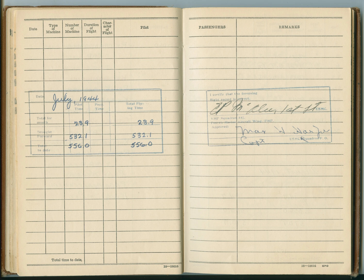 USMC Aviator's Flight Logbook, July 1944 Summary Page — VMF Squadron 441, Fourth Marine Aircraft Wing