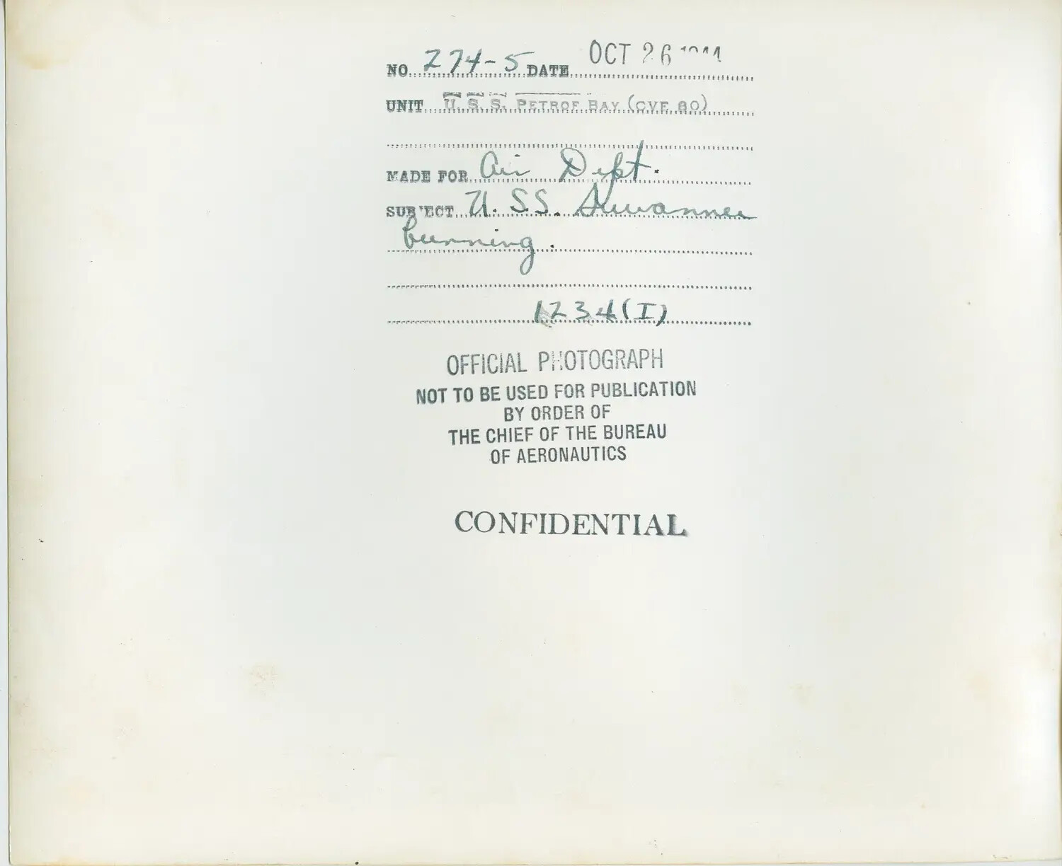 U.S. Navy Official Photograph Caption Sheet - "USS Suwannee Burning," October 1944