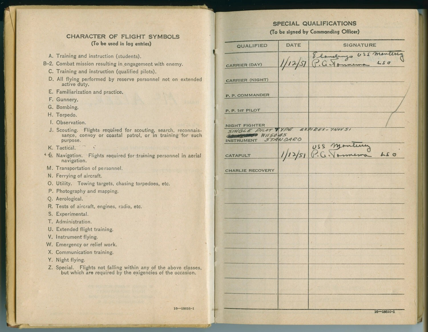 U.S. Navy Aviator's Flight Log Book, Open to 'Character of Flight Symbols' and 'Special Qualifications' Pages, Korea-Era (c. 1951)