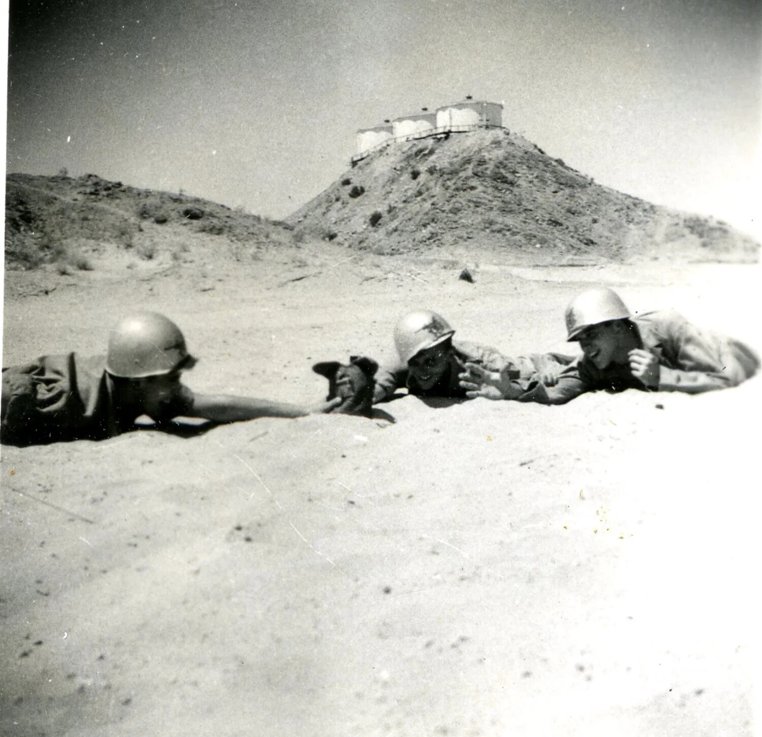 Servicemen Posing in Mock Combat Crawl, Ie Shima, WWII Pacific