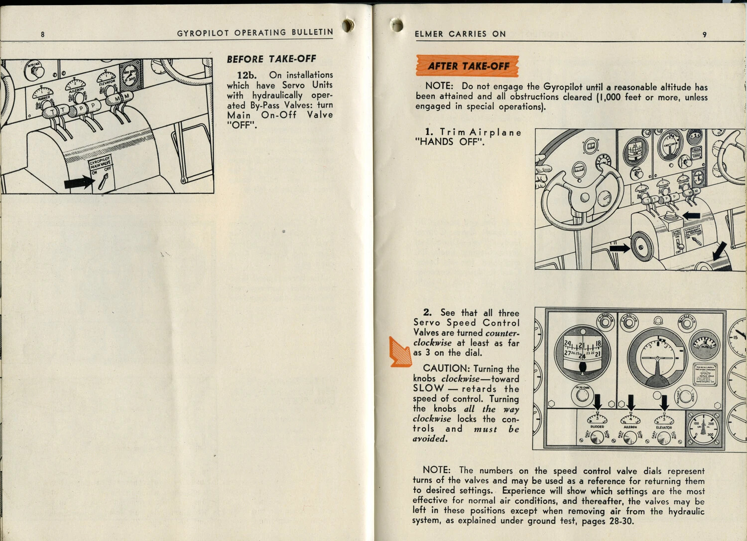 Printed Technical Manual, Pages 8–39, "Gyropilot Operating Bulletin" / "Elmer Carries On" (Lt. Bancroft Korean War Collection)