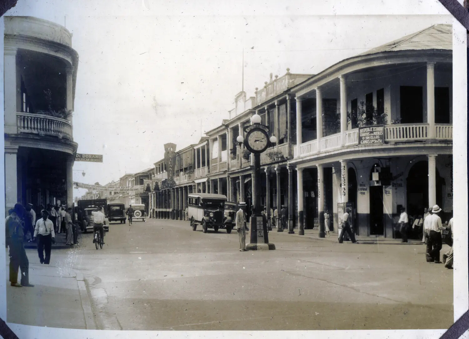 Street Scene with Ornamental Clock, Colon, Panama Canal Zone, WWII Era