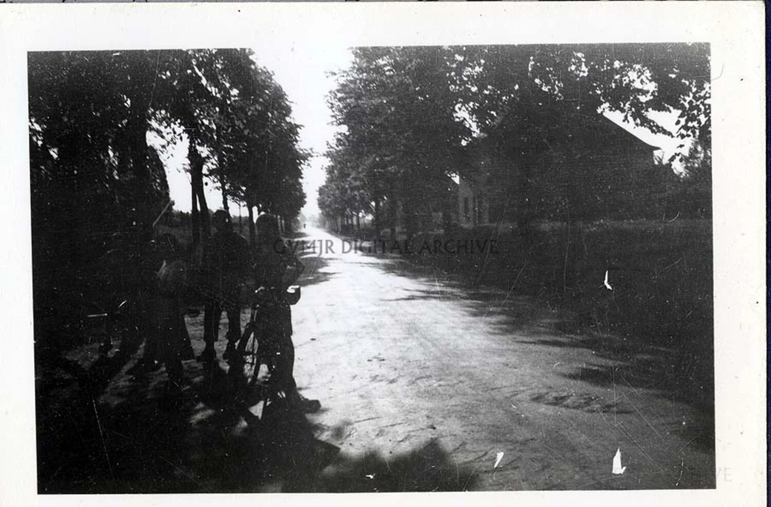 Tree-Lined Village Street with Figures and Bicycle, European Theater, 1944