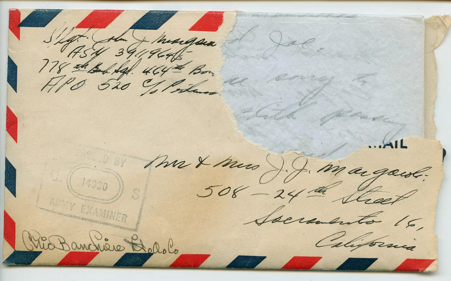 WWII Airmail Envelope from a Staff Sergeant, 778th Bombardment Squadron, 464th Bombardment Group, to the Margeaux Family, Sacramento, California