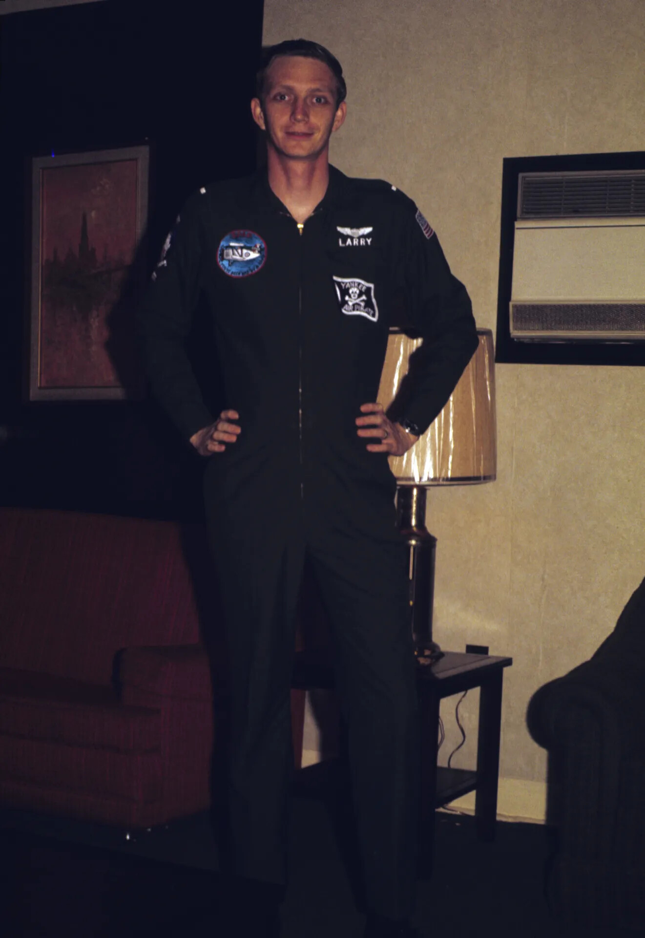 Portrait of USAF Pilot "Larry" in Flight Suit with "Yankee Air Pirate" Squadron Patch