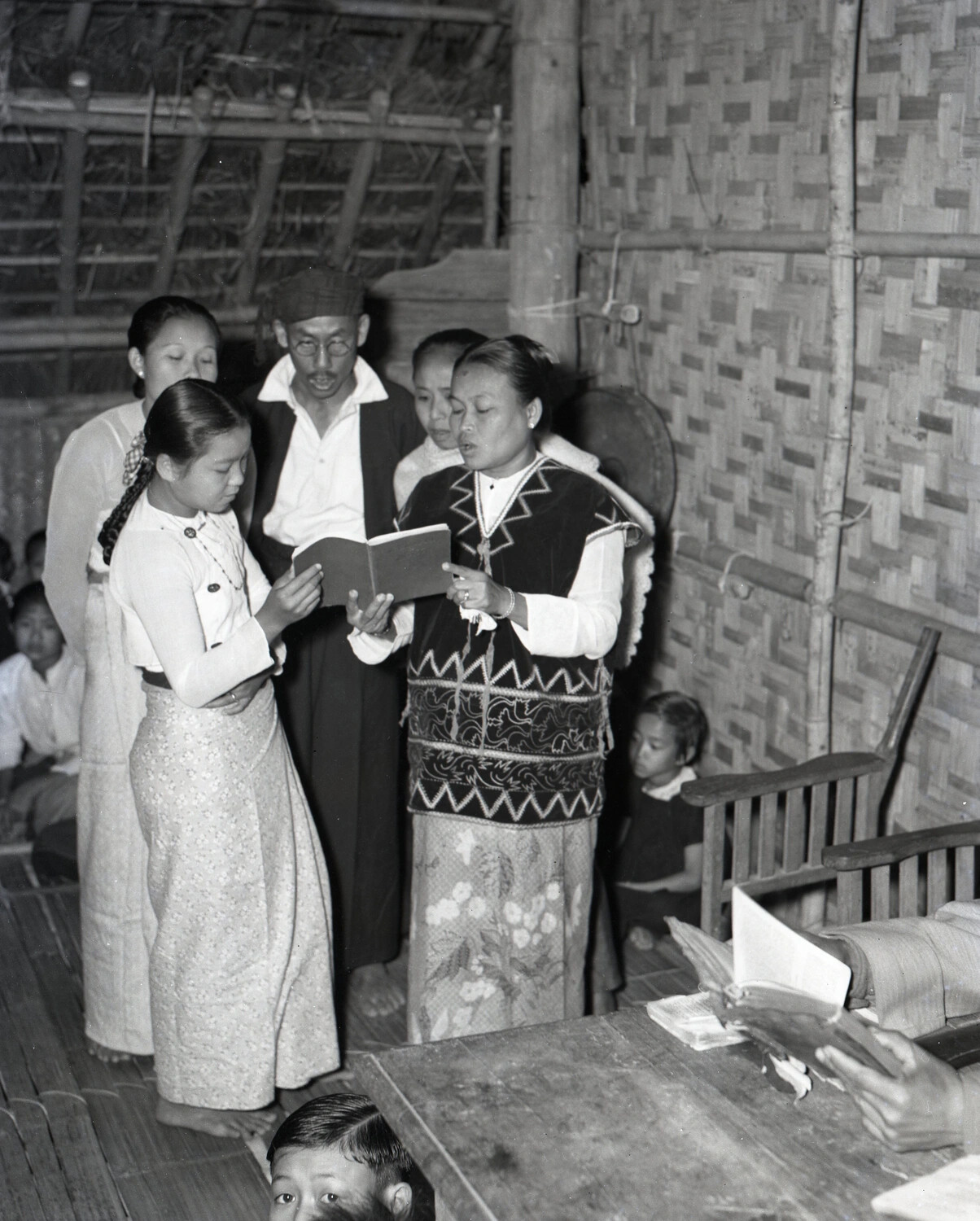 Karen Congregation Singing Hymns in a Bamboo Church, Burma