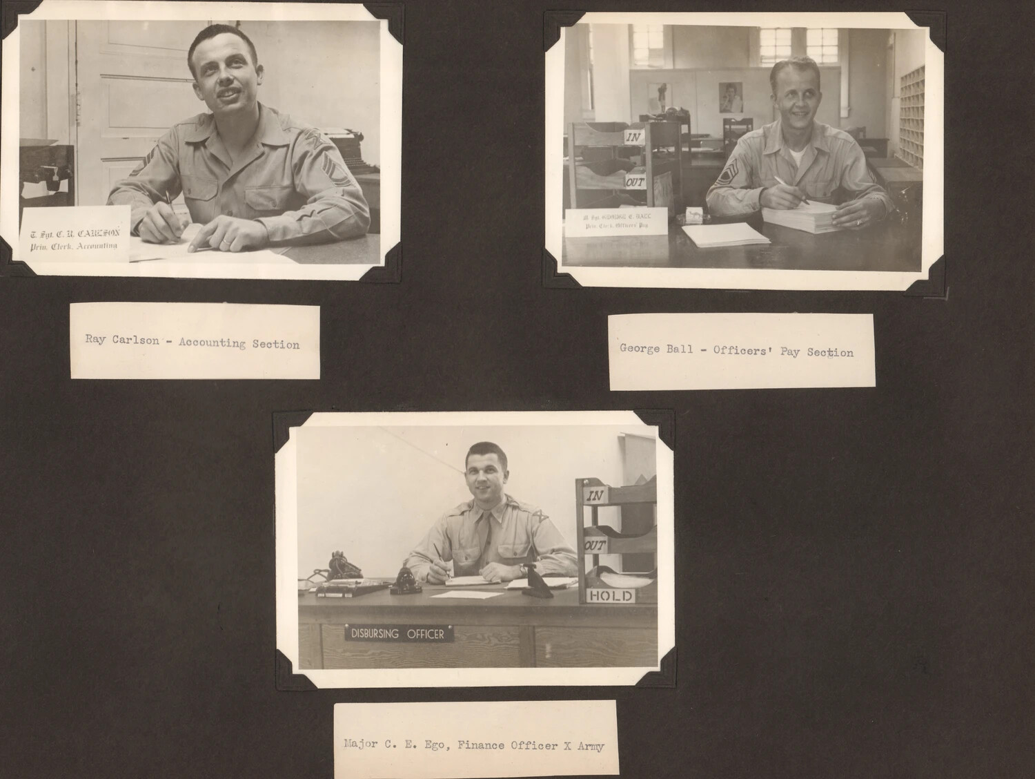 Album Page: Portraits of U.S. Army Finance Section Personnel (Carlson, Ball, and Maj. Ego)