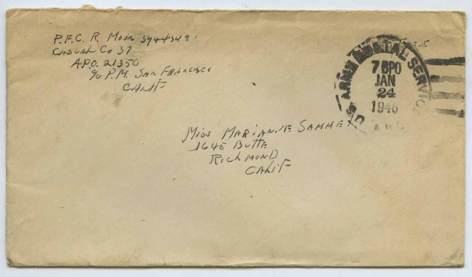 Envelope Addressed to Miss Marianne Sammet from PFC R. Moon, Army Postal Service, January 1946