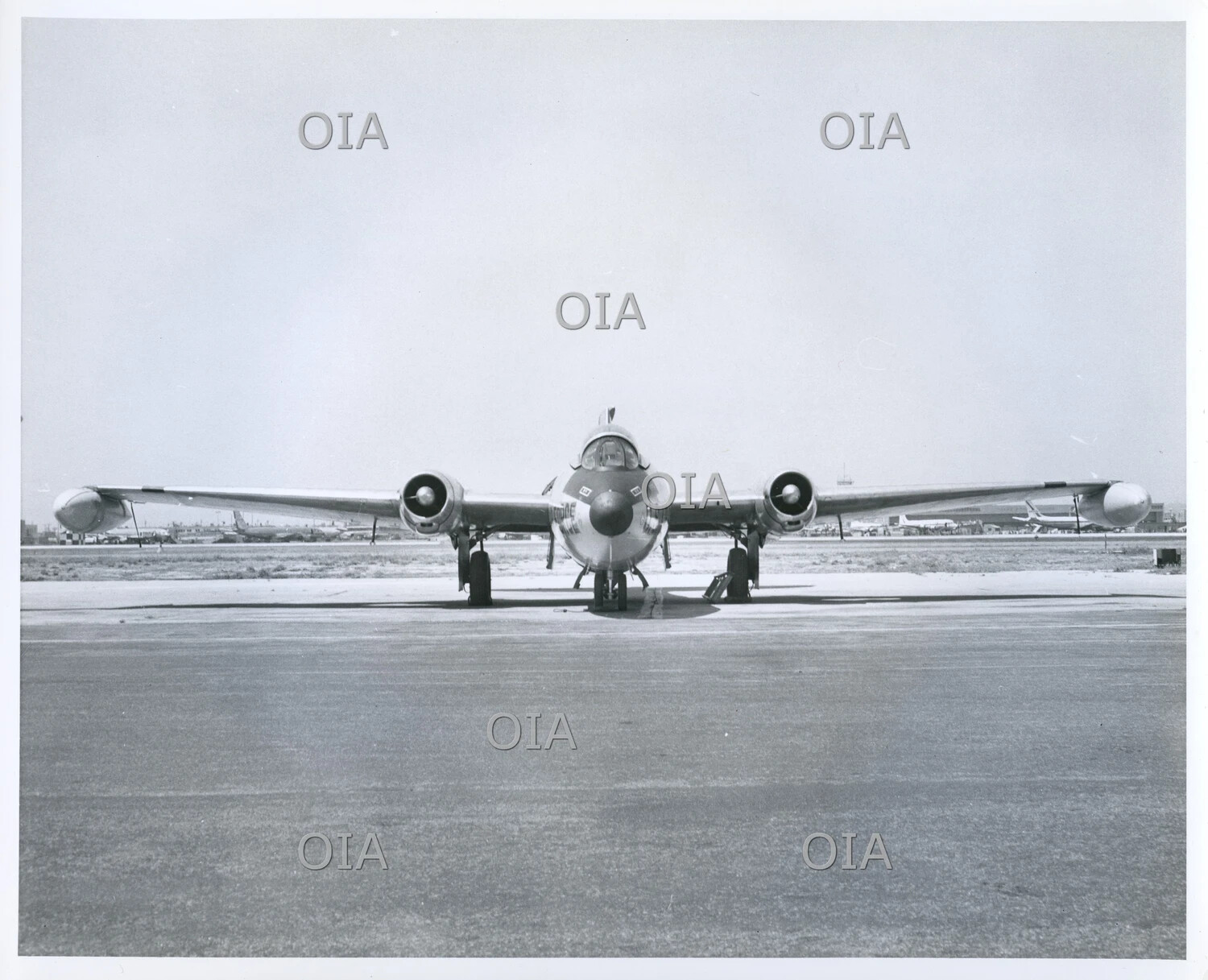 Front View of Twin-Engine Jet Aircraft (Martin B-57 Canberra-type) on Airfield Ramp