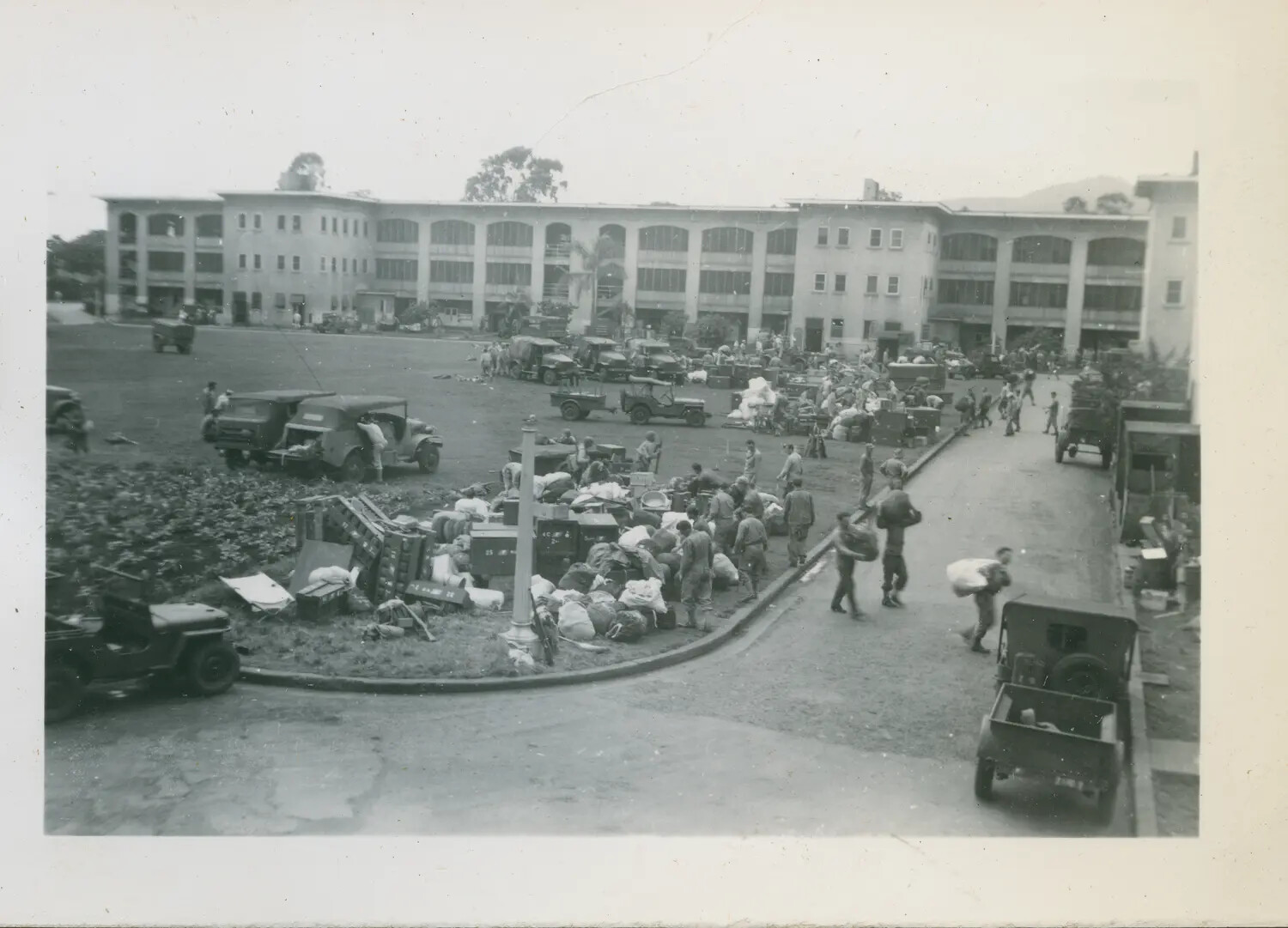 Troops and Equipment Staged in Barracks Quadrangle, Schofield Barracks, Hawaii, WWII