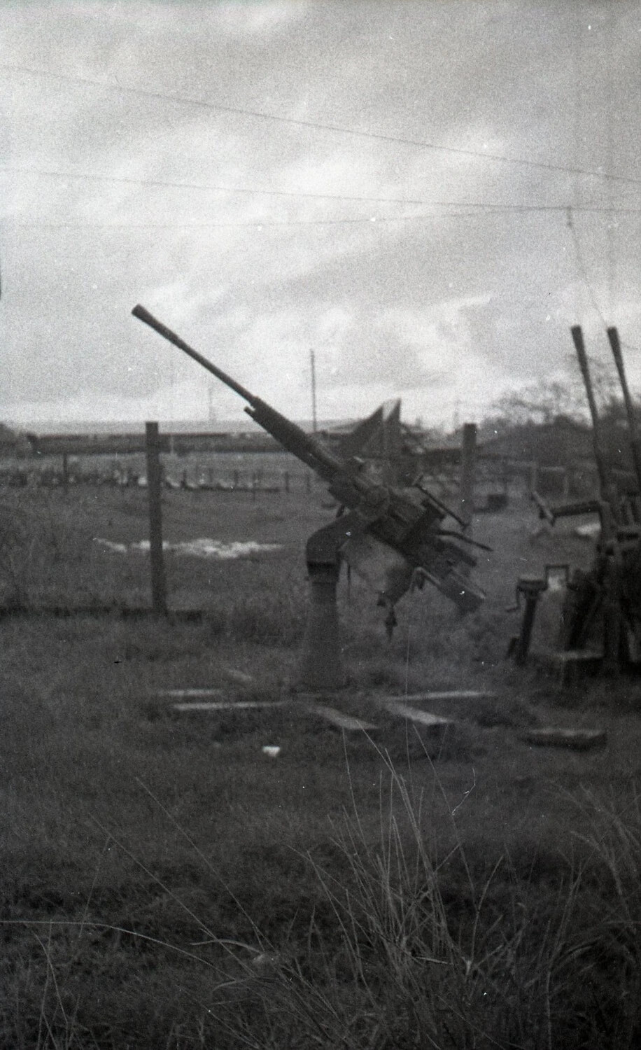 Single-Barrel Anti-Aircraft Gun with Twin-Mount Gun Beyond, Overcast Sky, Luzon, Philippines, WWII