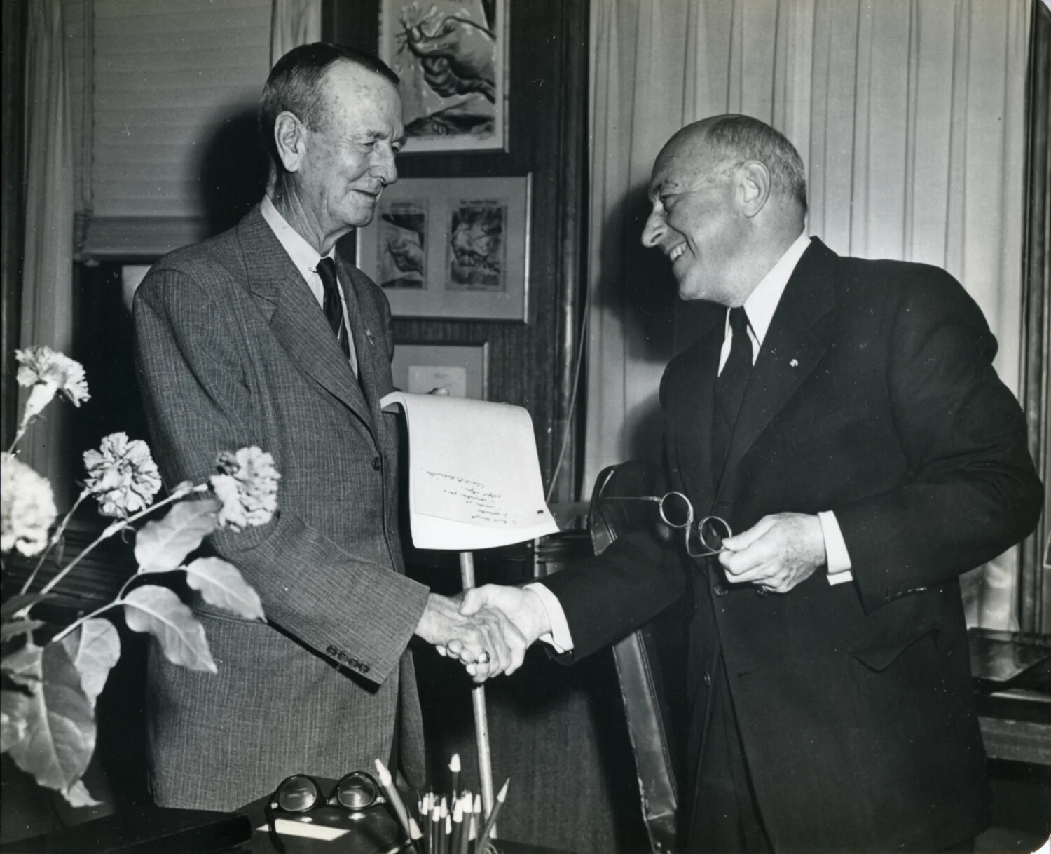 General Jonathan M. Wainwright IV Shaking Hands in an Office, c. 1949