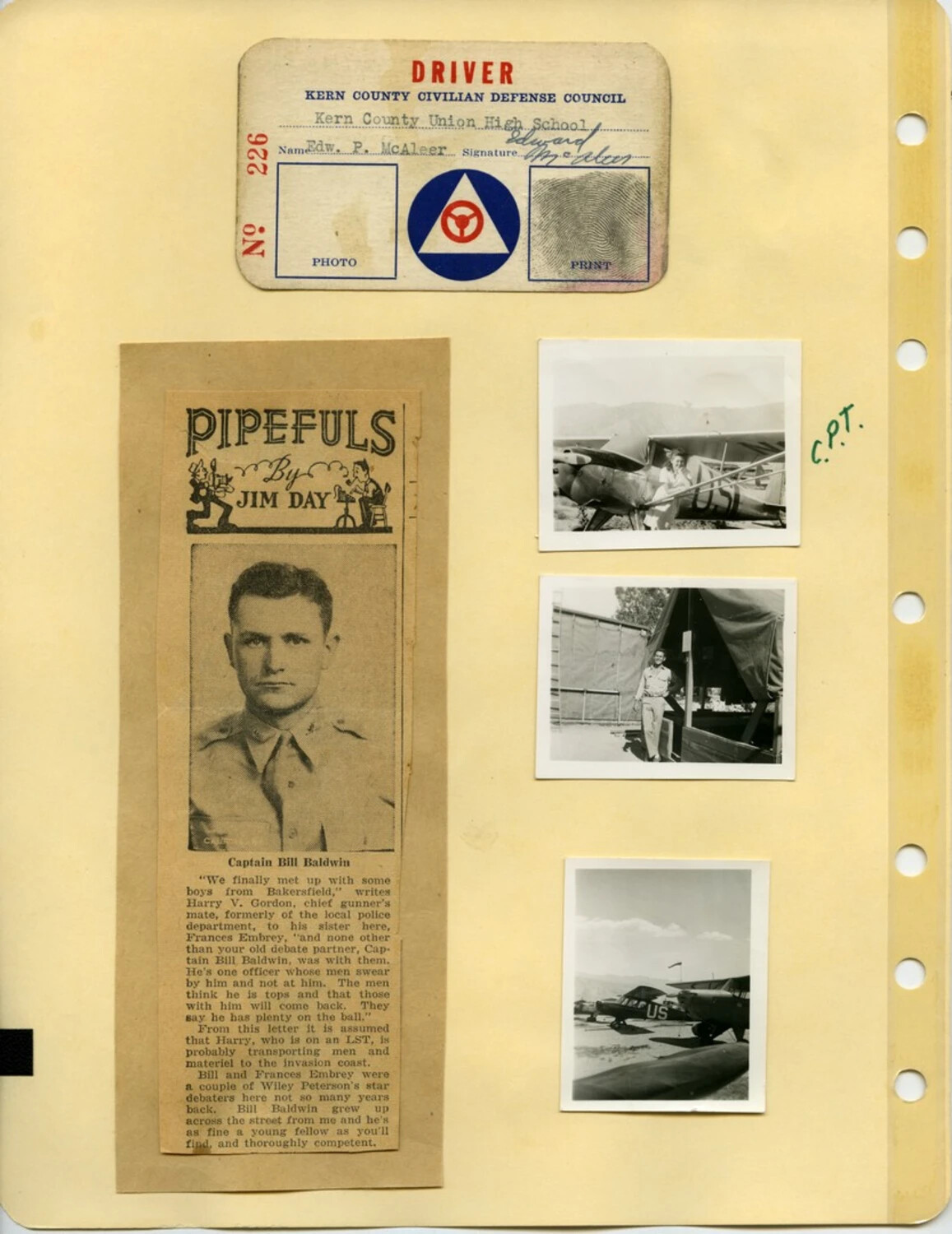 Scrapbook Page: Kern County Civil Defense ID Card, 'Pipefuls' Newspaper Clipping, and Light Aircraft Snapshots, McAleer Collection