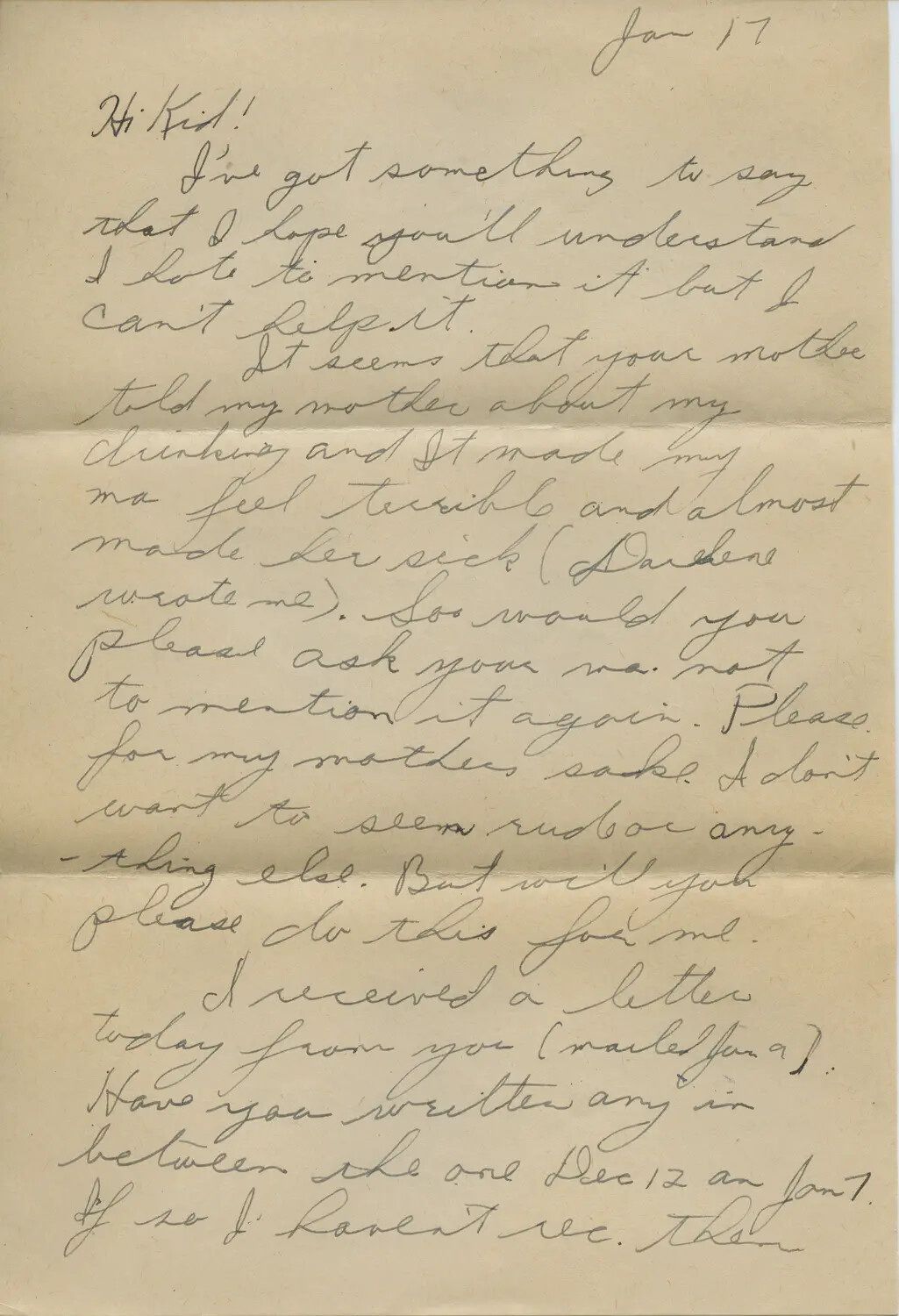 Personal Letter, "Hi Kid!" -- Jan 17, Moon Sammiet Wartime Correspondence Collection