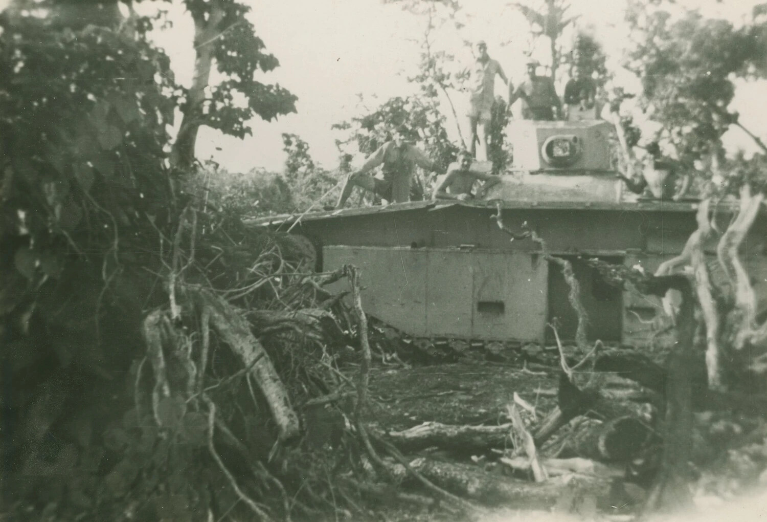 American Tank Crew Atop Medium Tank in Jungle Clearing, Pacific Theater, WWII