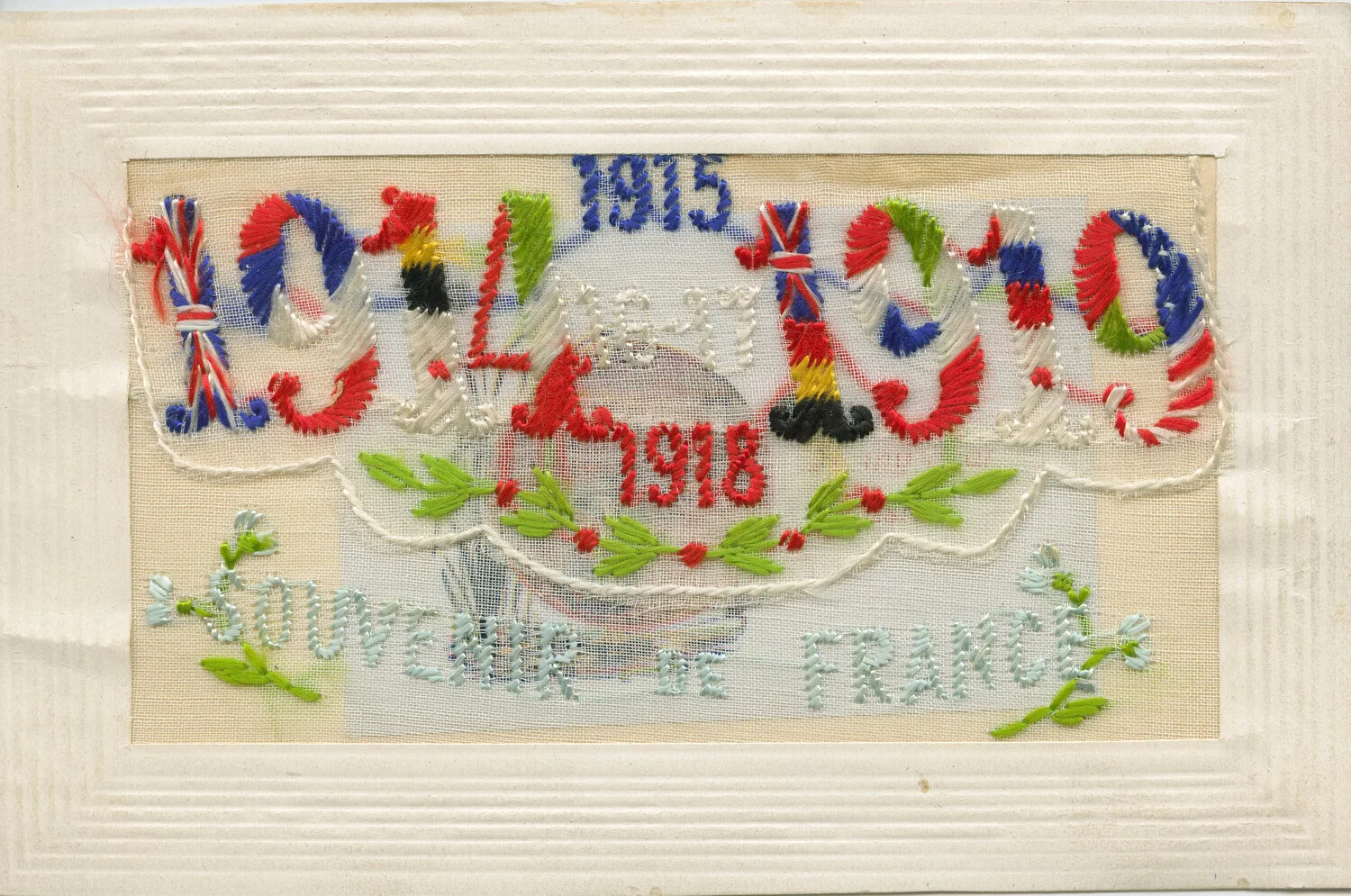 Embroidered Silk Postcard, 'Souvenir de France, 1914-1919'