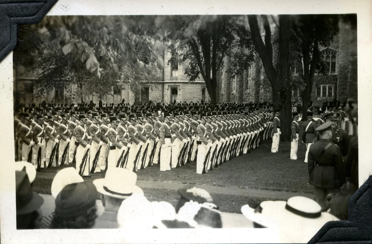 Cadet Dress Parade in Reverse Arms Formation, American Military Academy or College Campus, Early 20th Century