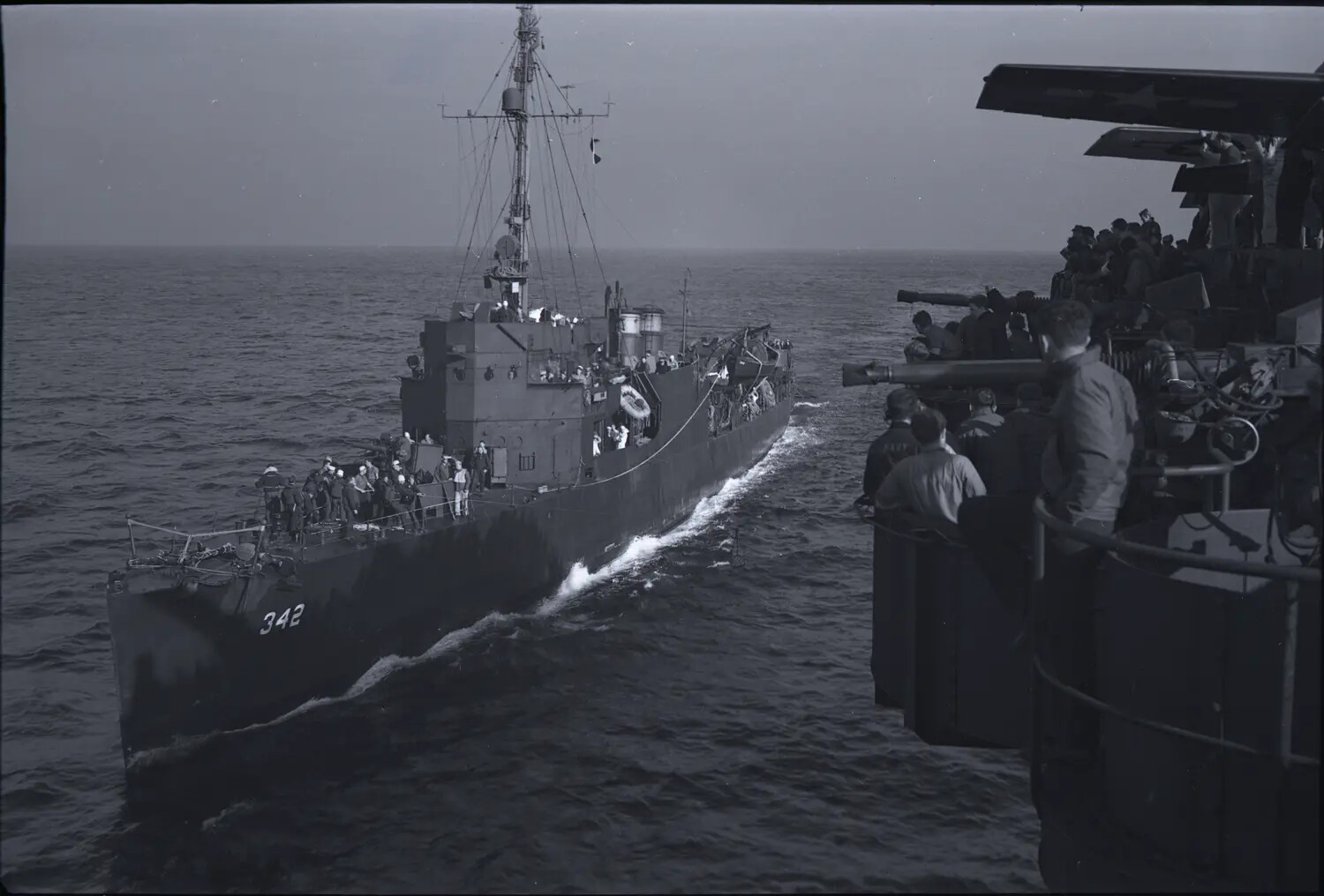 Destroyer Escort DE-342 Alongside USS Petrof Bay (CVE-80), Alternate View, WWII Era