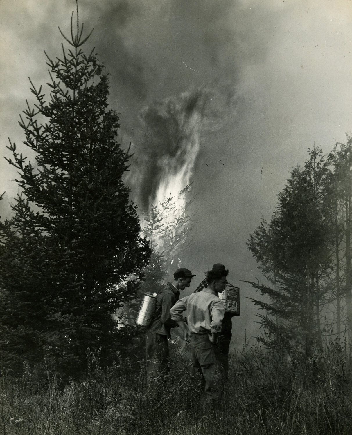 Firefighters Battling a Forest Blaze with Backpack Water Tanks, Postwar Japan Photo Album, 1950s