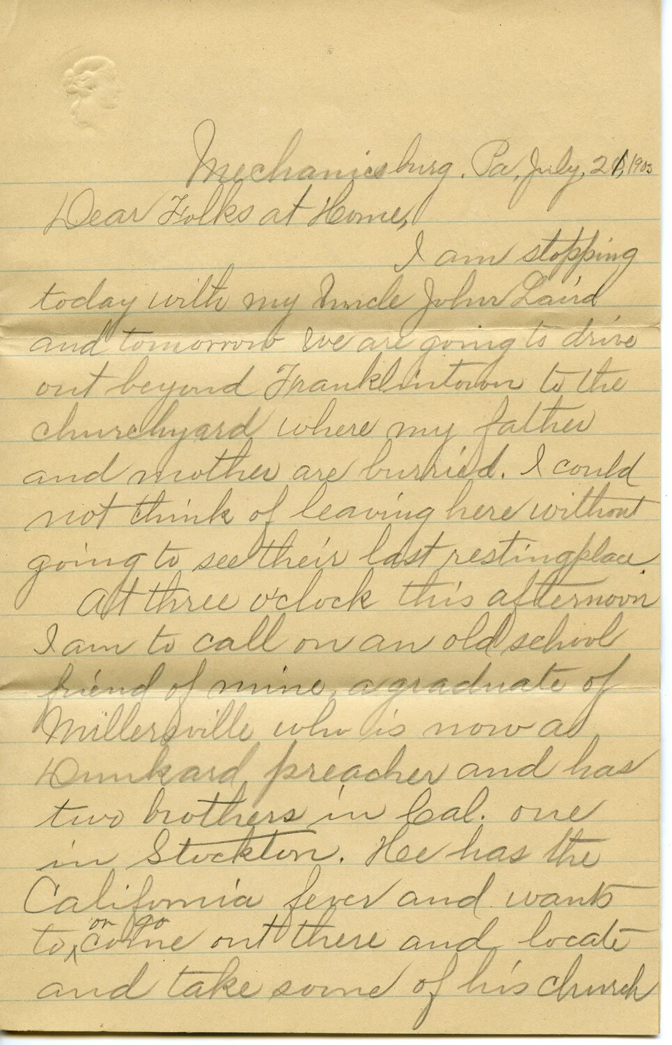 Personal Letter from J.A. Wagener, Mechanicsburg, Pennsylvania, July 26, 1903