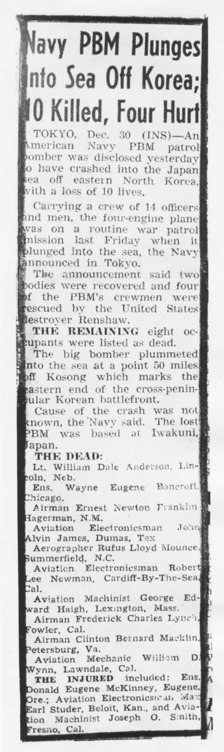 Newspaper Clipping: "Navy PBM Plunges Into Sea Off Korea; 10 Killed, Four Hurt" — Korean War, Lt. Bancroft Collection